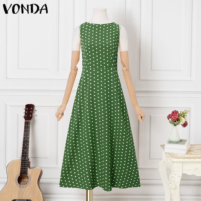 

VONDA Women Elegant Sleeveless Polka Dots Backless Casual Pleated Maxi Dress 2XL зелёный