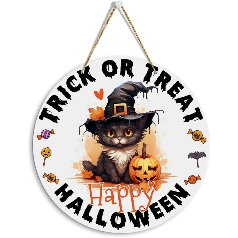 K1AE Halloween Ghostly Door Hanging Sign Decoration Boo Sign Round Sign Farmhouses Front Door Hangers Wreath Home Decors