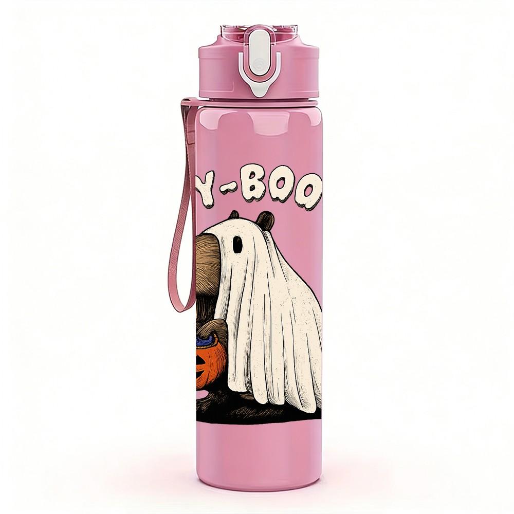 1PC Ghost Holding Pumpkin Cartoon 750ml Color Plastic Sports Water Bottle Leakproof Flip Straw Lid Suitable for Sports Office Home Use