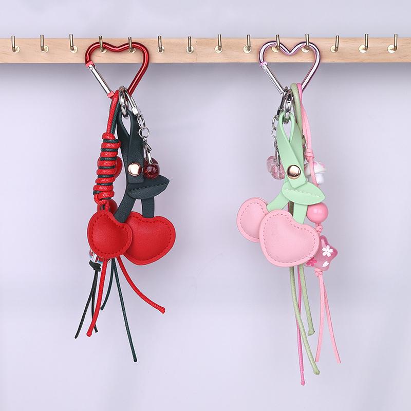 Personality Cherry Keychain Cute Sweet Leather Fruits Keyring Car Key Holder Bag Pendant Decoration Girls Gifts