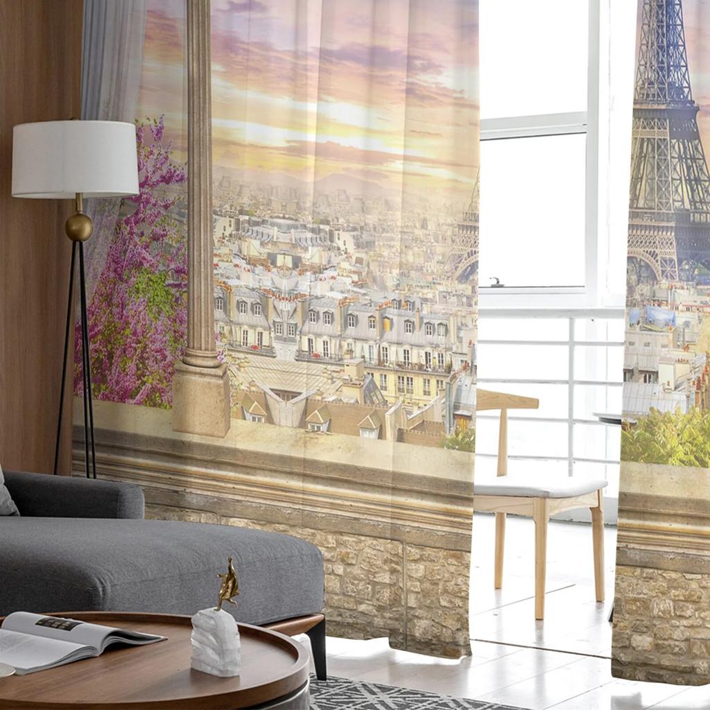 Paris Terrace Scenery Tulle Curtains for Bedroom Hall Living Room Decor Chiffon Curtain for Balcony Kitchen Home Drapes