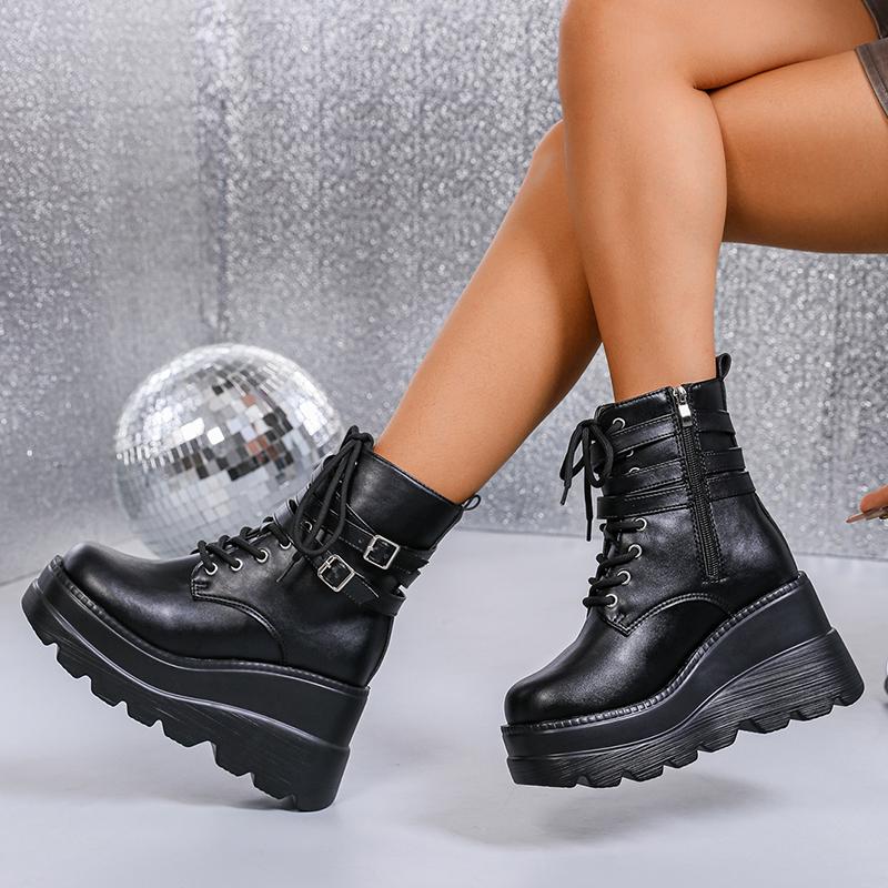 Fashion Gothic Punk Platform Boots for Women Fashion Double Buckle Wedge High Heel Ankle Boots Woman Thick Bottom Black Combat Booties