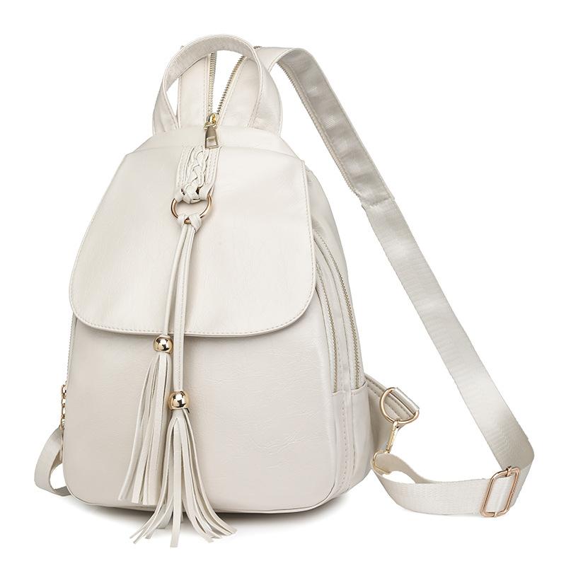 

Женский рюкзак большой вместимости из мягкой кожи с кисточками в стиле ретро для путешествий белый