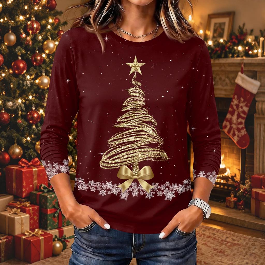 Women's Christmas Print Neck Long Sleeve Pullover Top