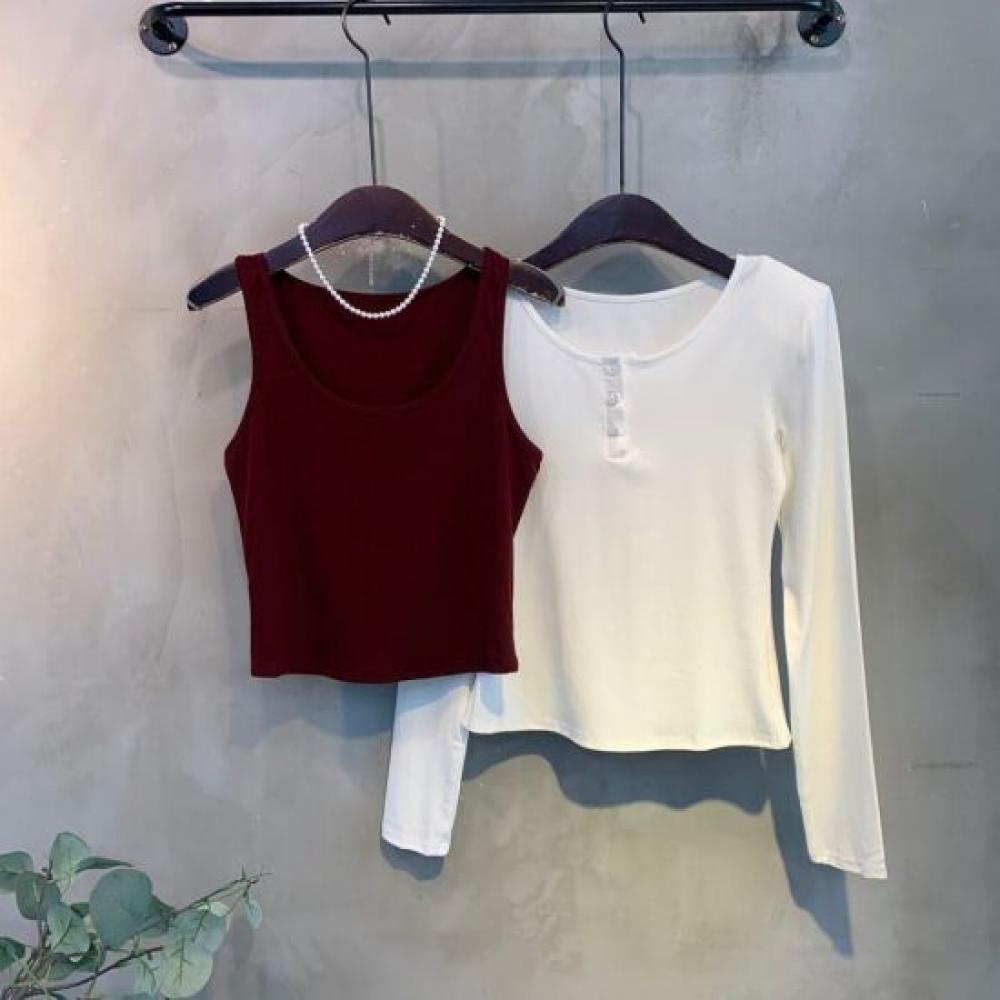 C S In The Room BoTTa Layered veST STreTCh Round neCk Snap T ShirT SeT 2Color