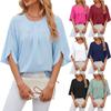 Solid Colour Round Neck Five-quarter Sleeve Short Sleeve,loose Chiffon Shirt Tops for Women