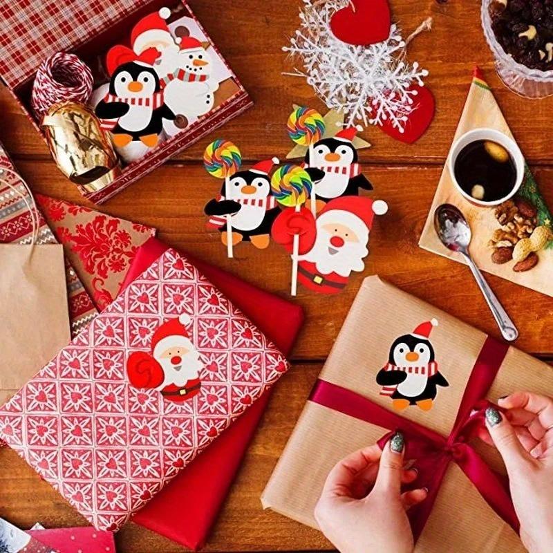 50Pcs/set Christmas Lollipop Paper Cards Cartoon Santa Claus Penguin Snowman Kids Candy Gifts Package Wrapping New Year Party Decoration