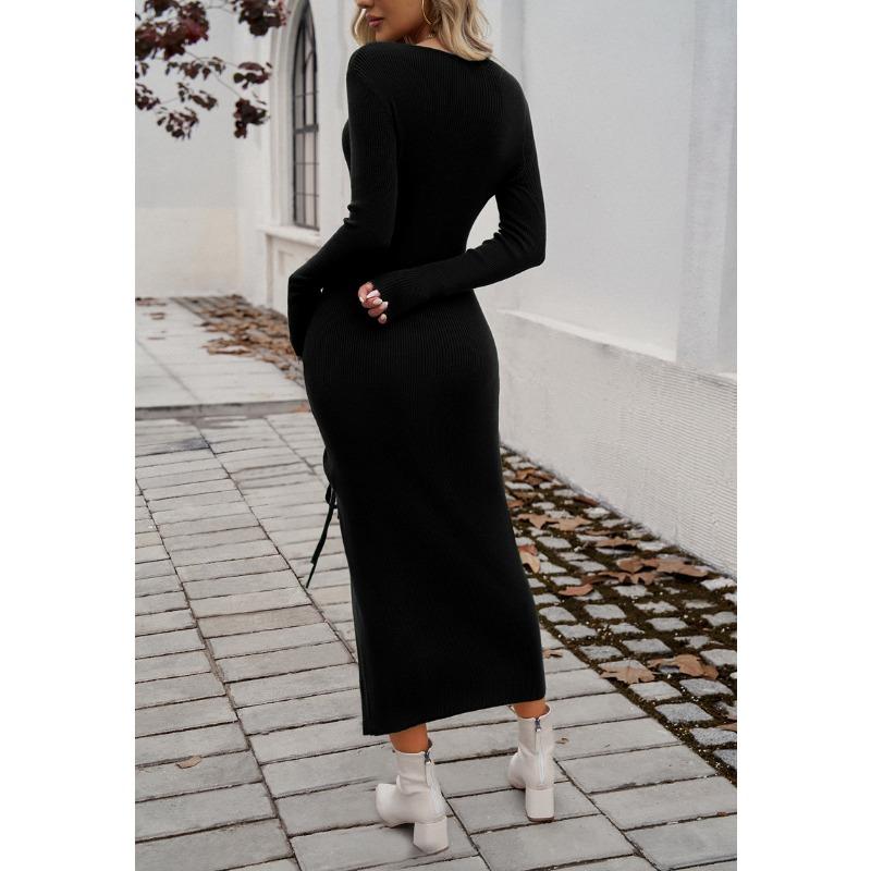 Rochii de toamnă și iarnă pentru femei, temperament, sexy, cu pachet pe șold, cu gât rotund și crăpătură