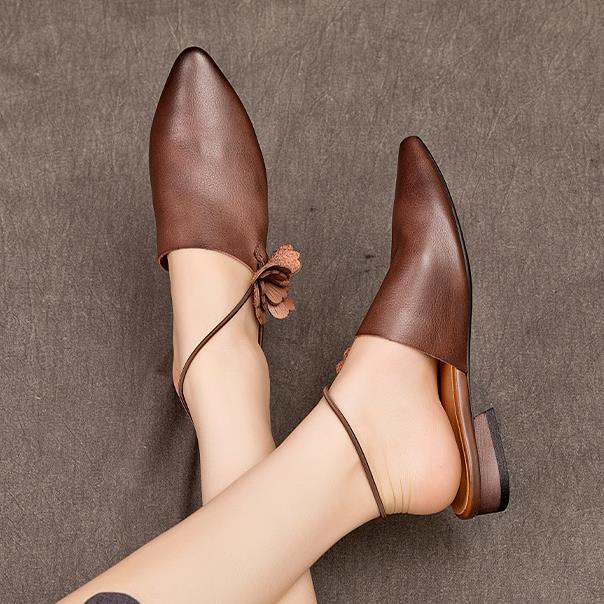 Women's New Spring/Summer Pointed Silk Cowhide Leather Embroidered Middle Heel Large Headed Muller Slippers