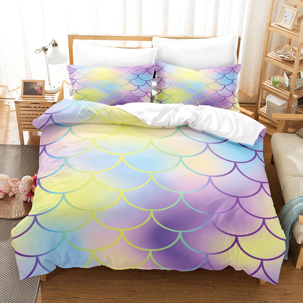 Laser Gradual Change Fish Scale 3D Digital Printing Three-Piece Set, Quilt Cover Pillowcase Home Textile Bed Sheet Kit