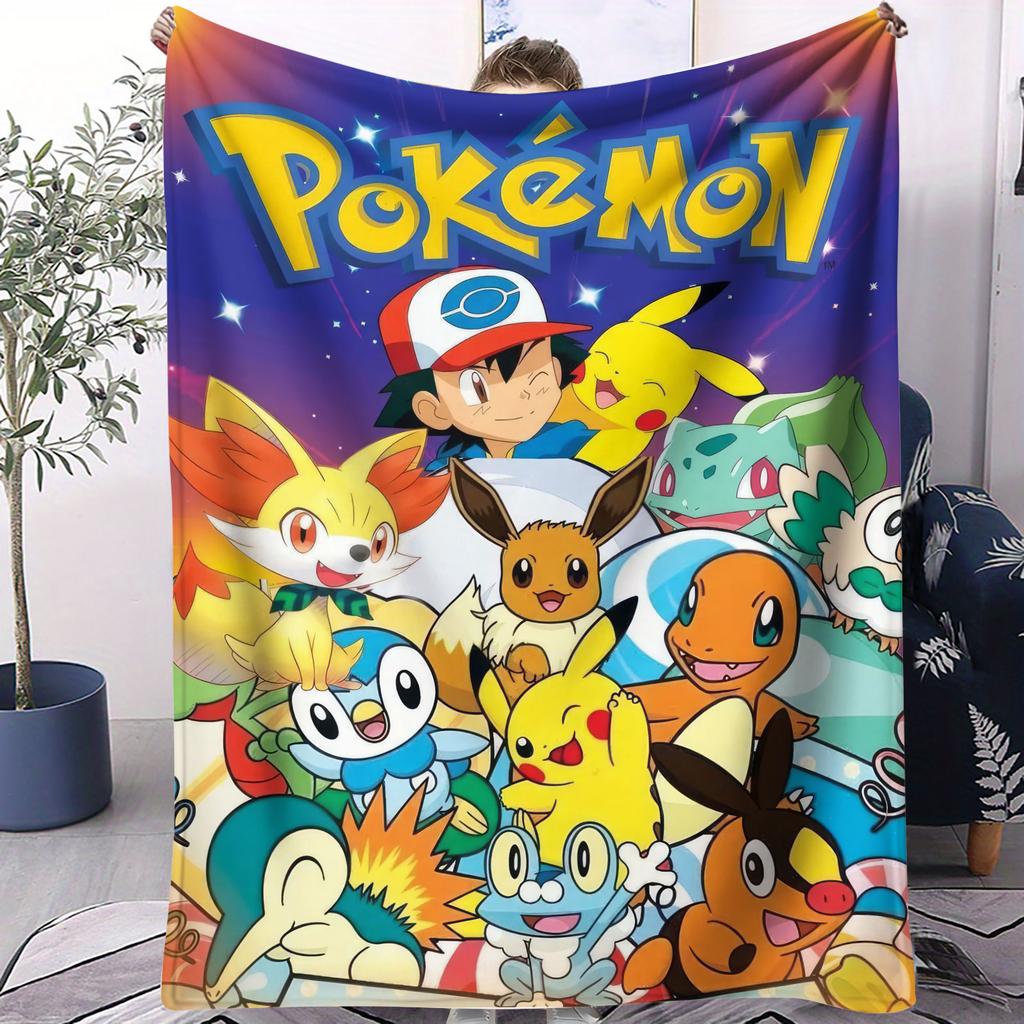 Pokémon Anime Flannel Blanket Vibrant Pikachu Ash Print Soft Warm Throw Sofa Bed Cover Camping Nap Cape Kids Adults Fans Gift