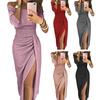 Women Formal Dress Shiny Bright Surface Off Shoulder Sexy Dress Pleated High Waist Lady Split Bodycon Dress for Party Banquet Wedding