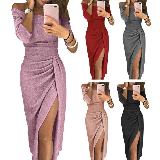 Women Formal Dress Shiny Bright Surface Off Shoulder Sexy Dress Pleated High Waist Lady Split Bodycon Dress for Party Banquet Wedding