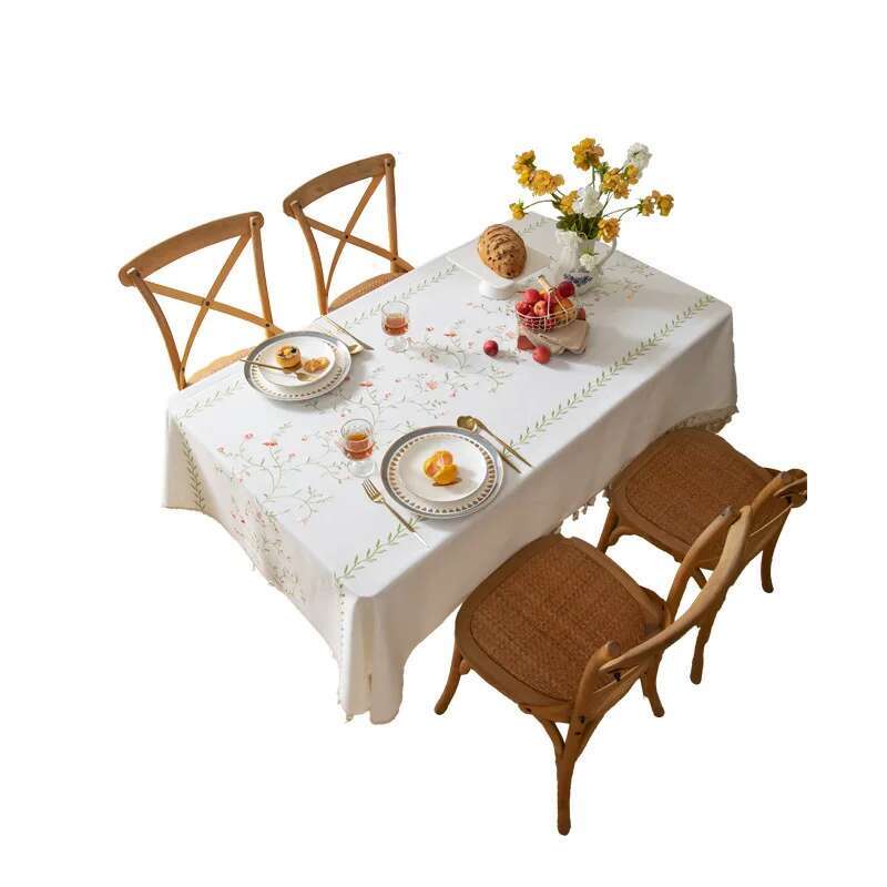 Nordic Cotton Linen Fabric Tablecloth Embroidered Dining Table Cloth Waterproof and Oil Proof Tea Table Cloth Rectangular Tassel
