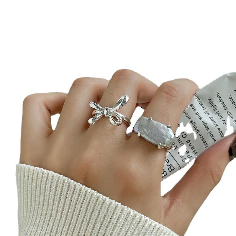 Korean Style S925 Silver Bow Ring with Irregular Pearl Design - Women's Fashion Open Index Finger Accessory