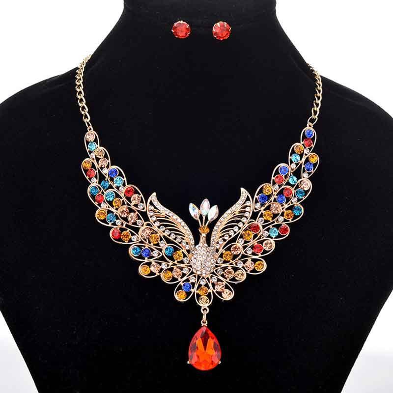 Exquisite Retro Peacock Necklace With Colorful Ear Studs Rhinestone Jewelry Set