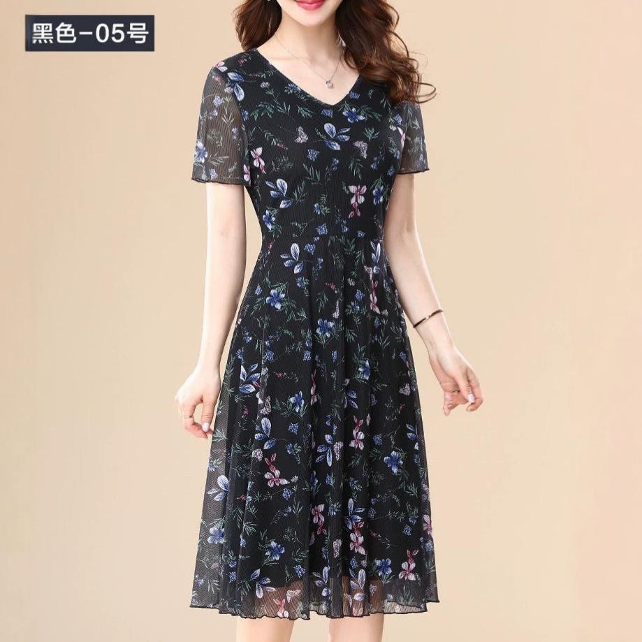 New casual style temperament short-sleeved floral V-neck dress women's summer large size mother dress over the knee A word medium and long dress