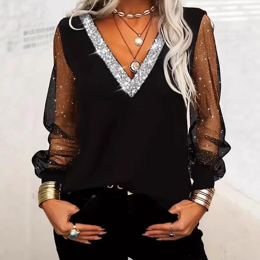 2026 New spring and summer women's fashion sequined V-neck mesh long-sleeved casual T-shirt top