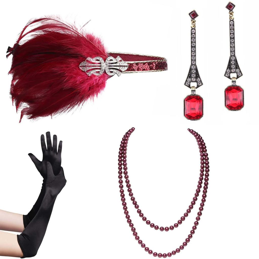 Vintage Flapper Kostüm 1920er Jahre Weiblich GreatGatsby Kopfschmuck Satins Handschuhe Ohrringe Halskette Abschlussball Party Zubehör Set