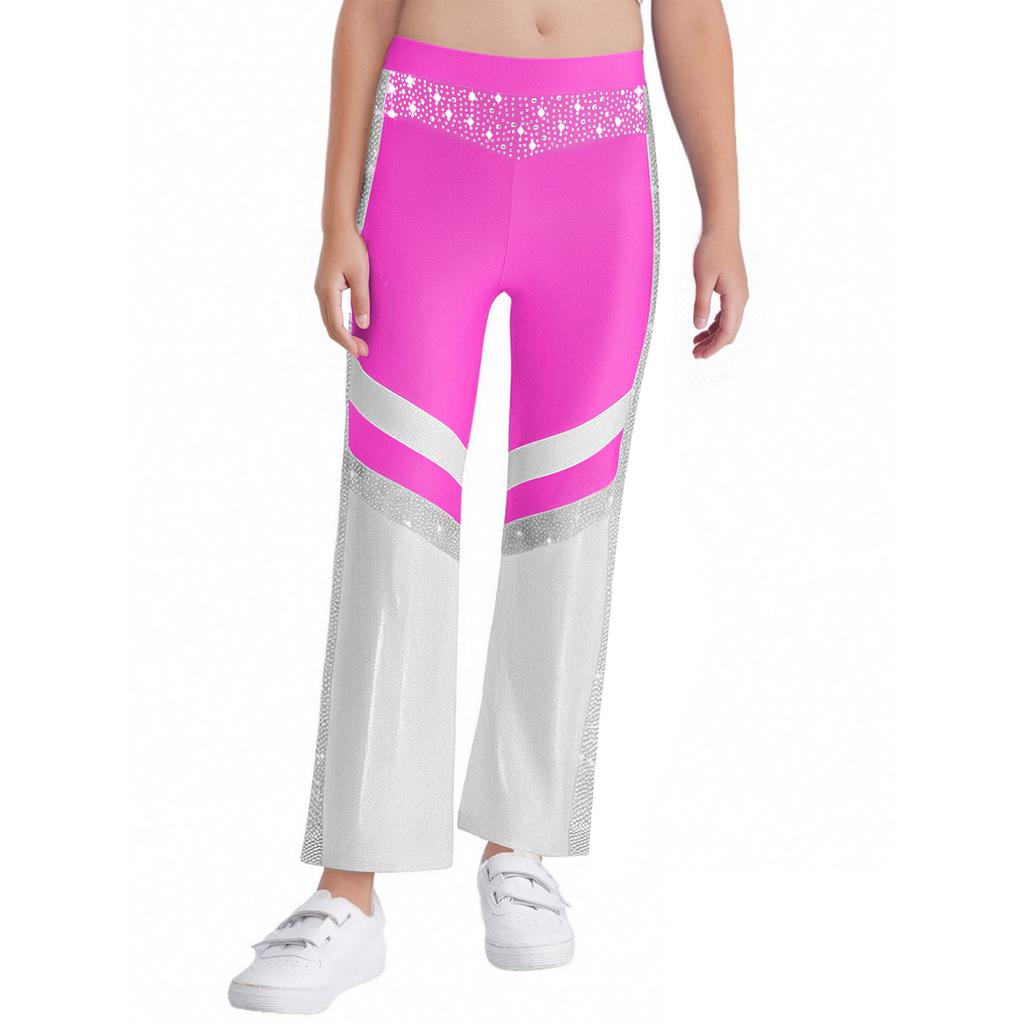 Dívčí gymnastický akrobatický taneční kostým Lesklé kamínky Zvonové kalhoty Elastický pas Barevný blok Kalhoty se zvonovými nohavicemi