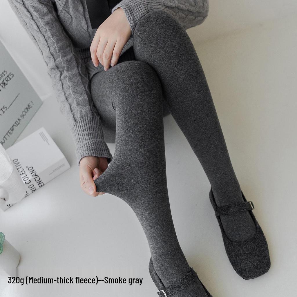 Matte Grey Cotton Leggings with Thin Fleece, 140-200g, Slimming Pantyhose for Spring & Autumn.