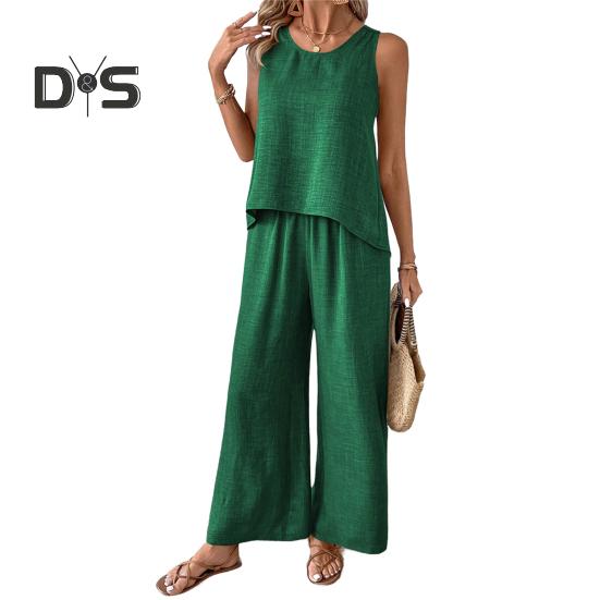 

Женский комплект из двух предметов для отдыха, летний топ без рукавов с вырезом сзади и широкие брюки, повседневная одежда для отпуска и путешествий S зелёный