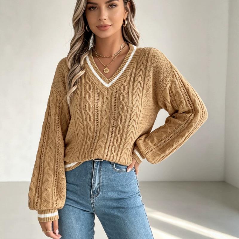 Women S V Neck Lantern Sleeve Pullover Sweater Loose Fit College Style Autumn Winter