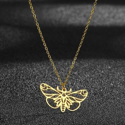 Kinitial Stainless Steel Butterfly Pendant Necklace Women Charm Geometric Butterfly Charm Moth Necklace