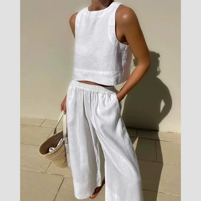 Cotton and Linen Pant Sets Women Sleeveless Leace-up Short Tops Drawstring Long Pants Two Piece Set Commuting Summer