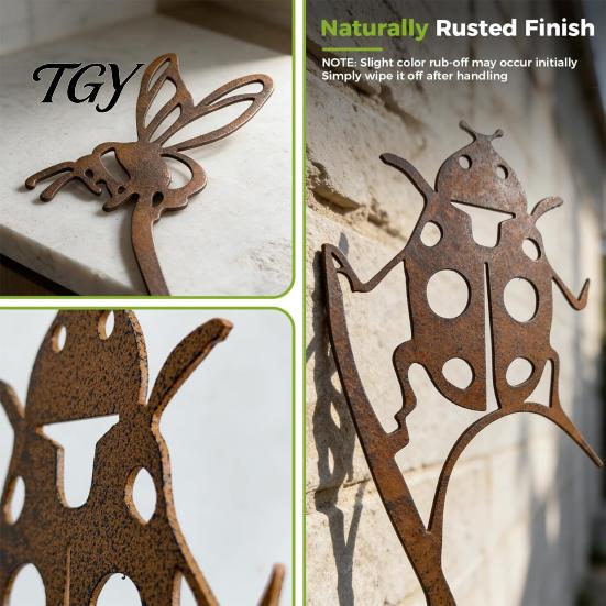 Metal Garden Stakes Rusty Silhouette Stake, Rustic Flower Pot Insert for Patio, Vintage Natural Atmosphere Decor Bird Bee Butterfly And Ladybug Design