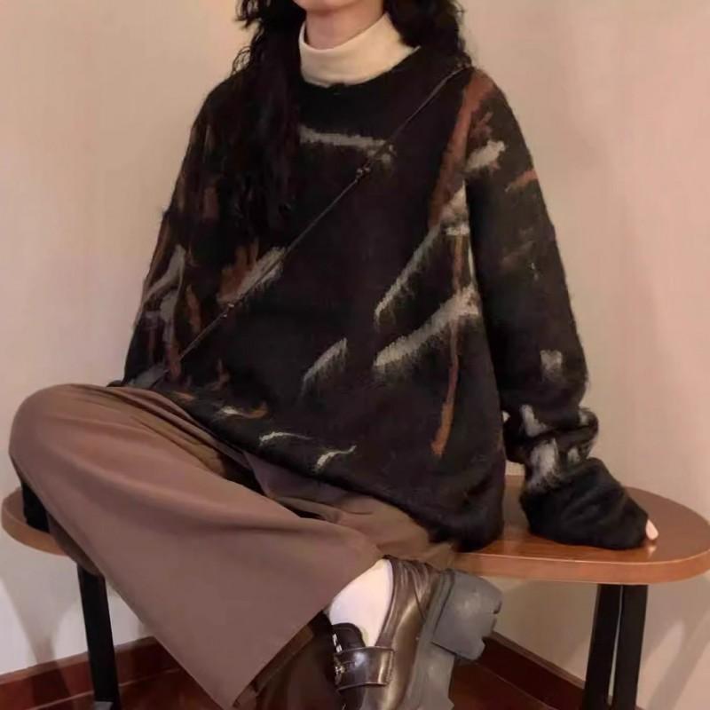 2026 Oversized Mohair Blend Knit Sweater Women Loose Fit Casual Round Neck Pullover In Black Beige