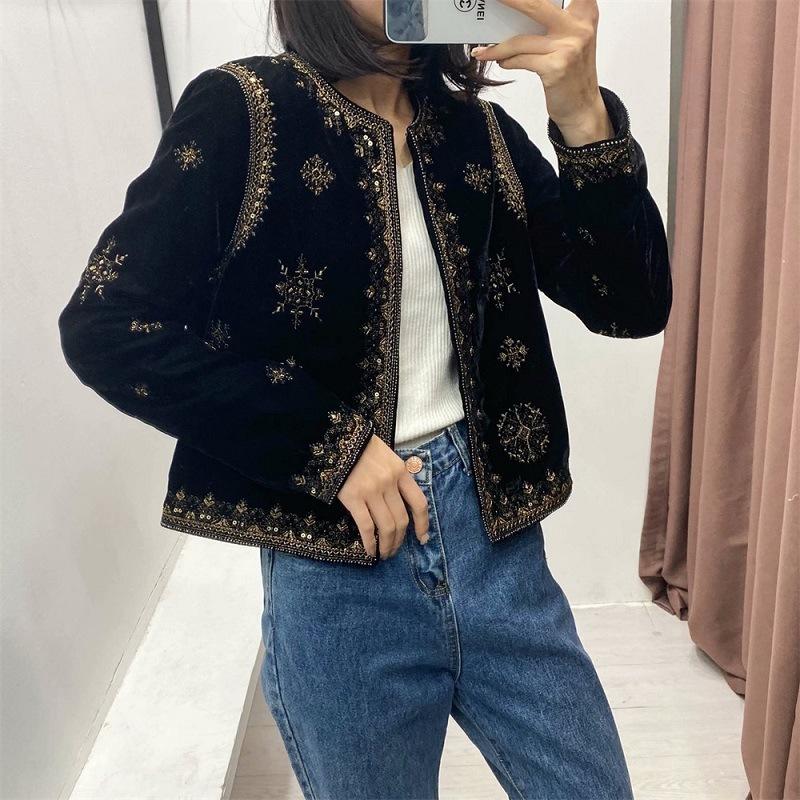 Black Spring Summer Autumn Women's Fashion Versatile Slim Fit Trendy Palace Embroidered Velvet Coat Women
