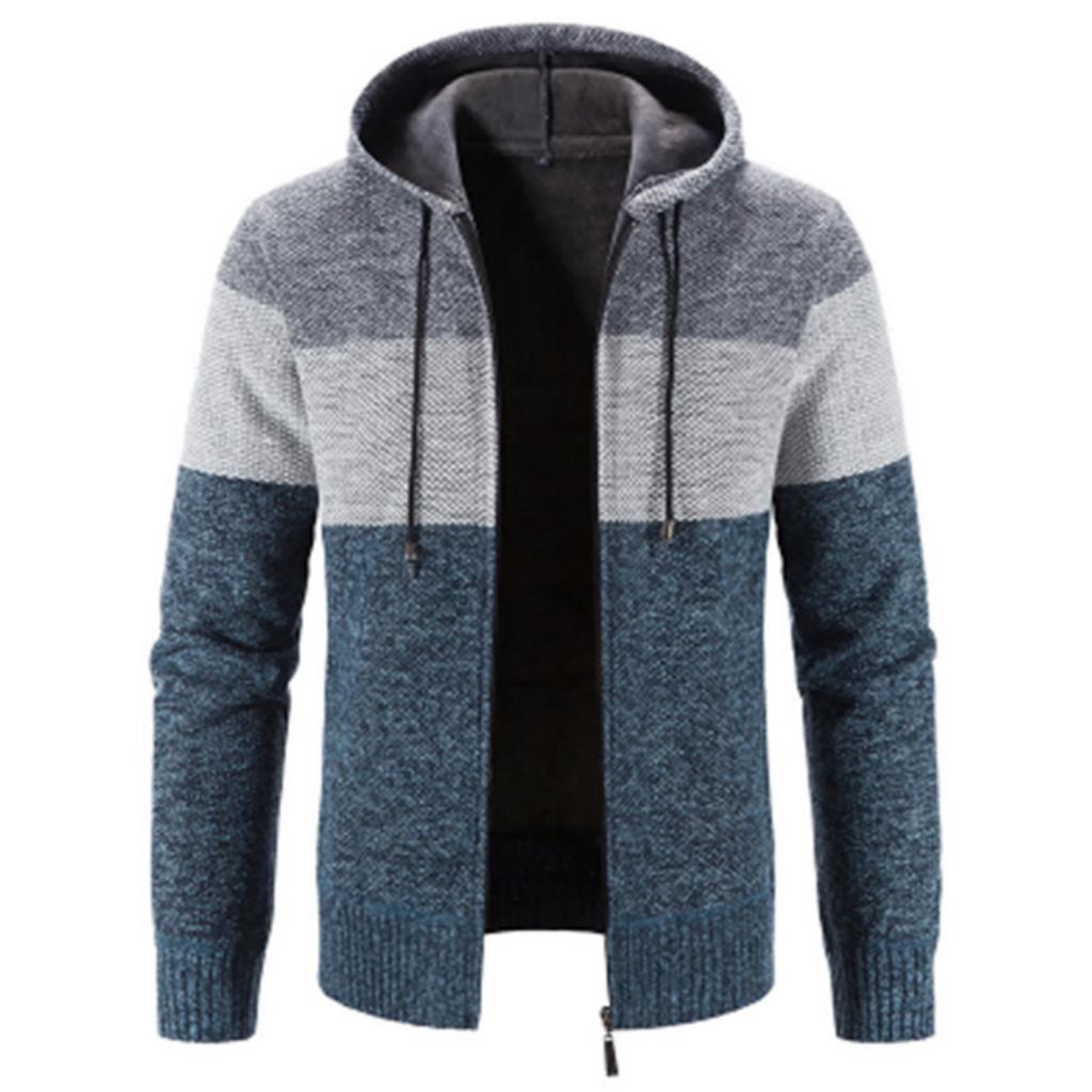 Spring Autumn Hooded Warm Sweater for Men with Thick and Velvet Men Knitted Sweatercoats Patchwork Jacket