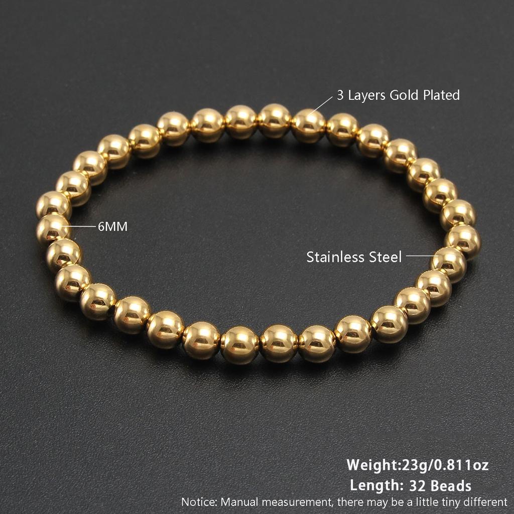 RTS 2 4 6 10mm 18K Gold Plated Stainless Steel PVD Golden Beaded Bracelet Elastic Waterproof Bracelet for Multiple Layer Wearing