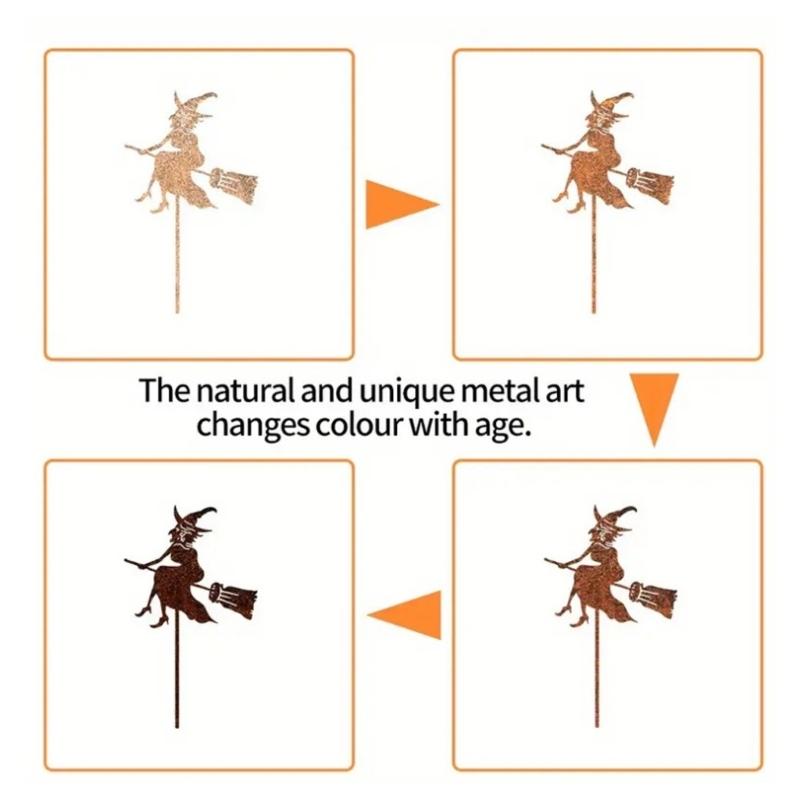 Artistic Flying Antique Rusted Iron Witch Statue Whimsical Yard Ornament Weather Resistant Patios Sculpture For Gardens