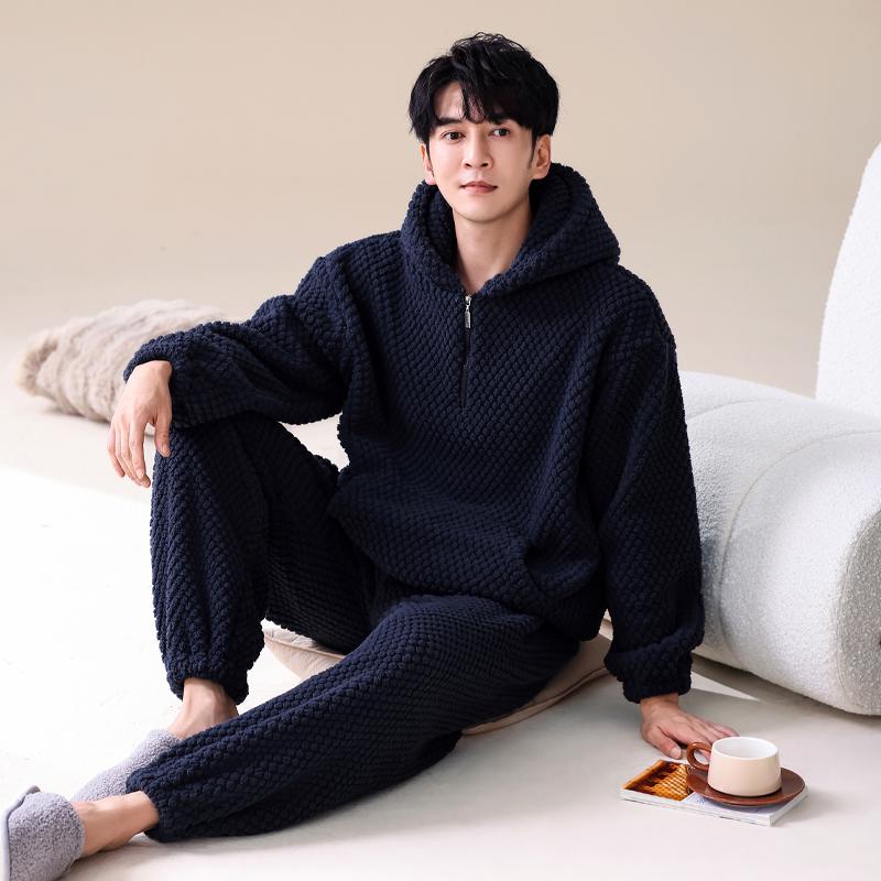 Men's Coral Fleece Lined Hooded Thickened Sleepwear Cardigan Home Clothes Sports Set Winter Warm Cozy Flannel Pajamas Suit