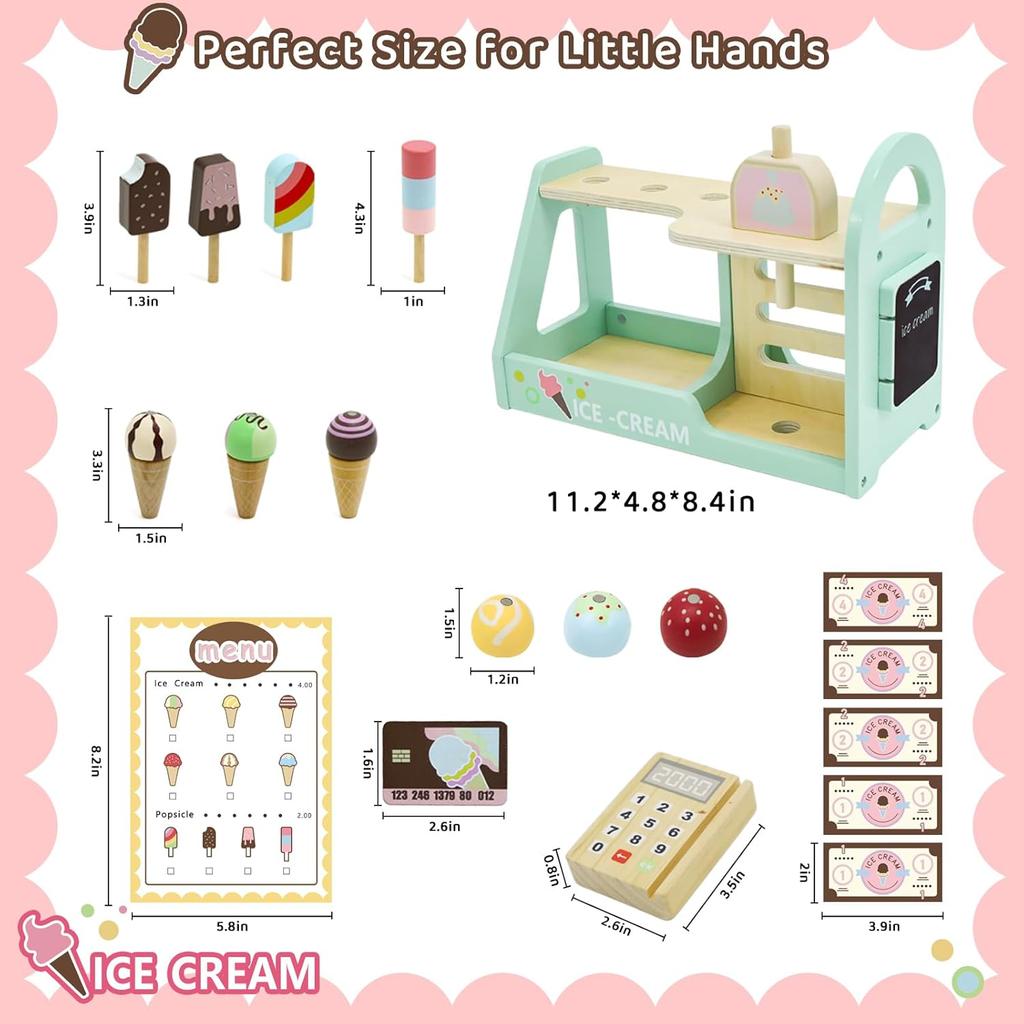 Wooden Ice Cream Counter Playset for Toddler Toy Montessori Kitchen Pretend Play Toy Kitchen Accessories Kids Role Playing Games