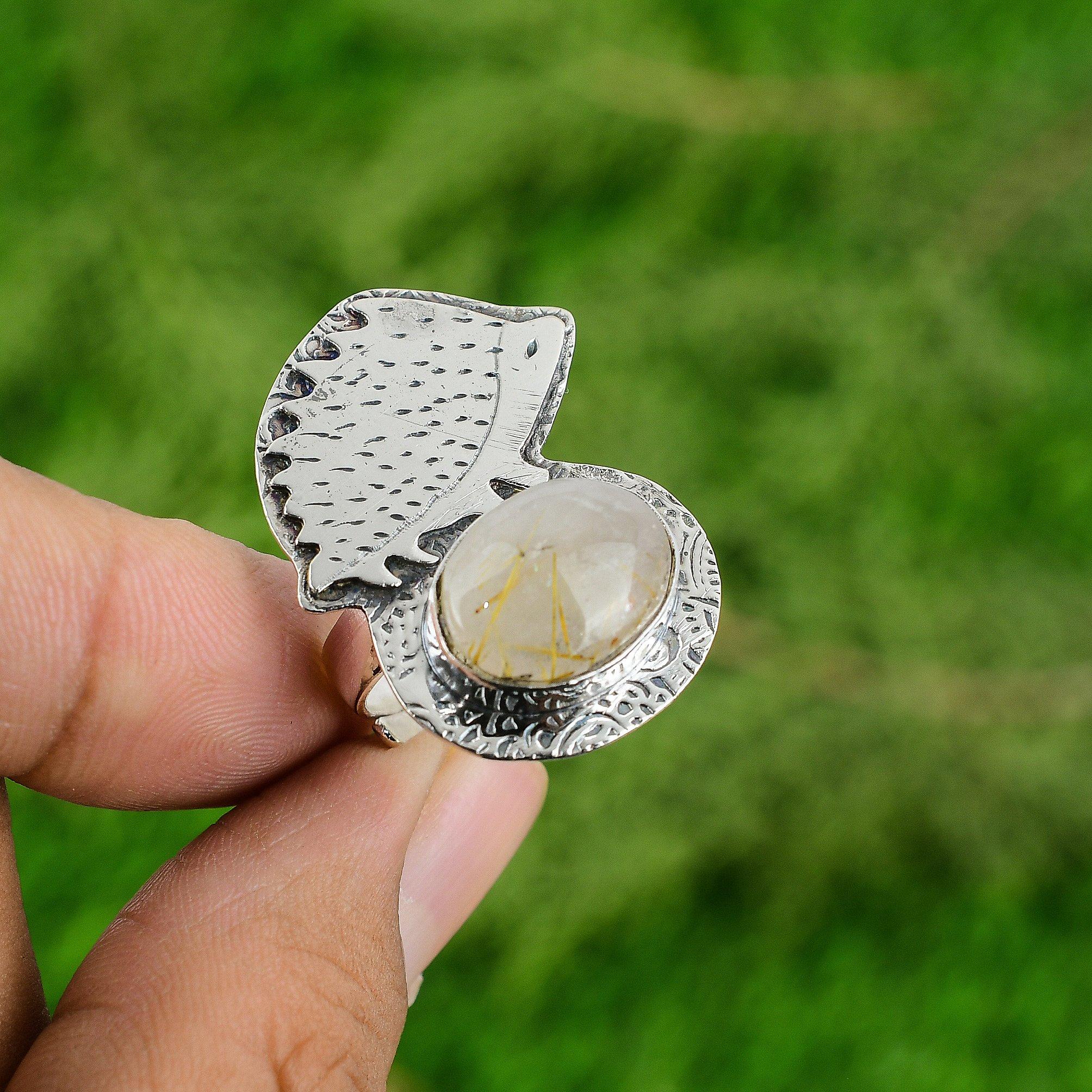 

Овальный Золотистый Рутил Драгоценный Камень Стерлинговое Серебро Безель Бохо Штабелируемое Кольцо-Заявление Adjustable