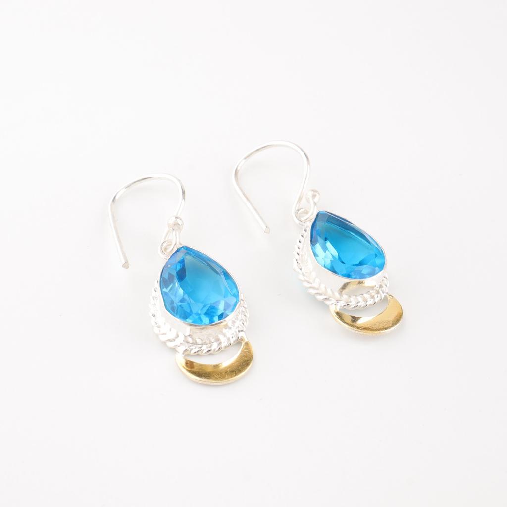 Swiss Blue Topaz Gemstone 925 Fine Silver Jewelry Handmade Earrings 1.5" For Her EE-162-10