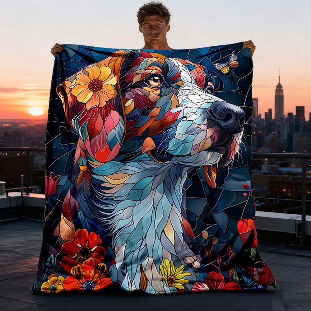 1pc Stained Glass Dog Outdoor Flannel Blanket, Cozy & Warm Soft Te Playful Design, Napping Camping,