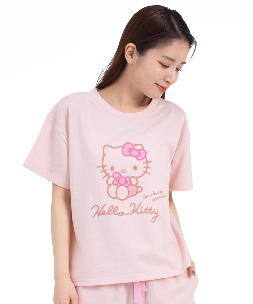 Hello Kitty Set Up Mini Fleece Shorts Top and Bottom Set Pajamas Roomwear Loungewear Tight Ribbon Hello Kitty [SAZAC] T-suit Women's T-shirt