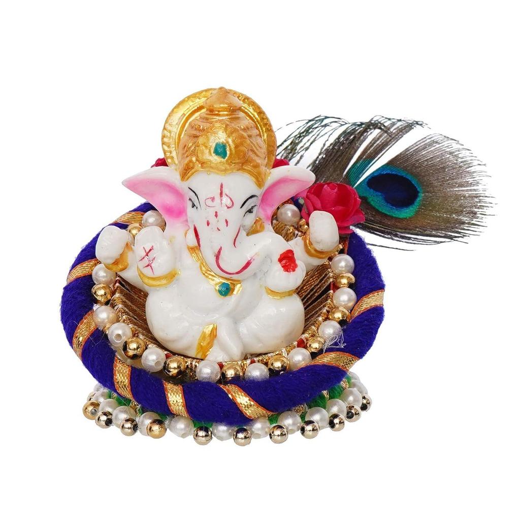 Resin Lord Ganesha Idol On Peacock Feather Decorative Plate| Ganesha Idol for Home Decor Car Dashboard| Ganesha Statue|