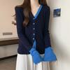 Color Block V Neck Long Sleeve Knit Top Women Spring New Single Breasted Design Slim Fit Versatile Blouse