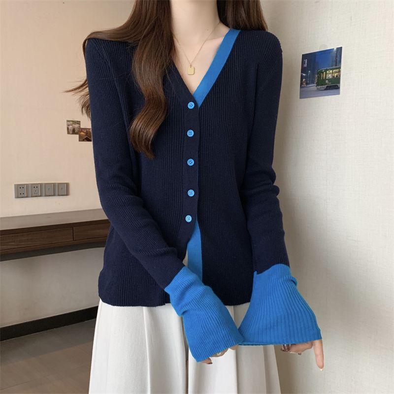 Color Block V Neck Long Sleeve Knit Top Women Spring New Single Breasted Design Slim Fit Versatile Blouse