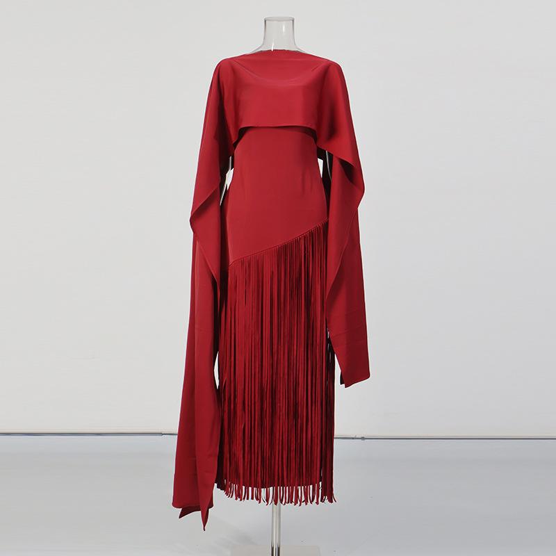 

Women One Shoulder Cape Sleeve Fringe Maxi Dress Solid Color Elegant Evening Gown XL червоний