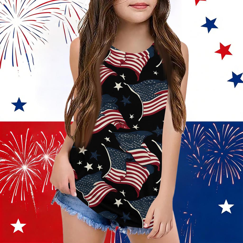 Girls  Kids Summer Crewneck Sleeveless Shirts Tank Tops Independence Day
