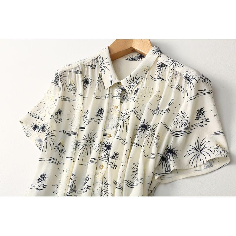 Export Pure Yuan Simple Anti-Aging Loose Slim Looking Elegant Chinese Style Print Drape Viscose Short Sleeve Shirt for Women