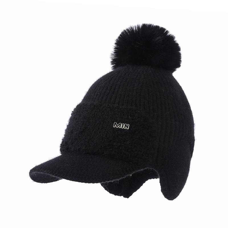 Knitted Wool Hat Women's Autumn and Winter Outdoor Cycling Windproof Hairball Hat Cold-proof Warm Fleece Ear Hat