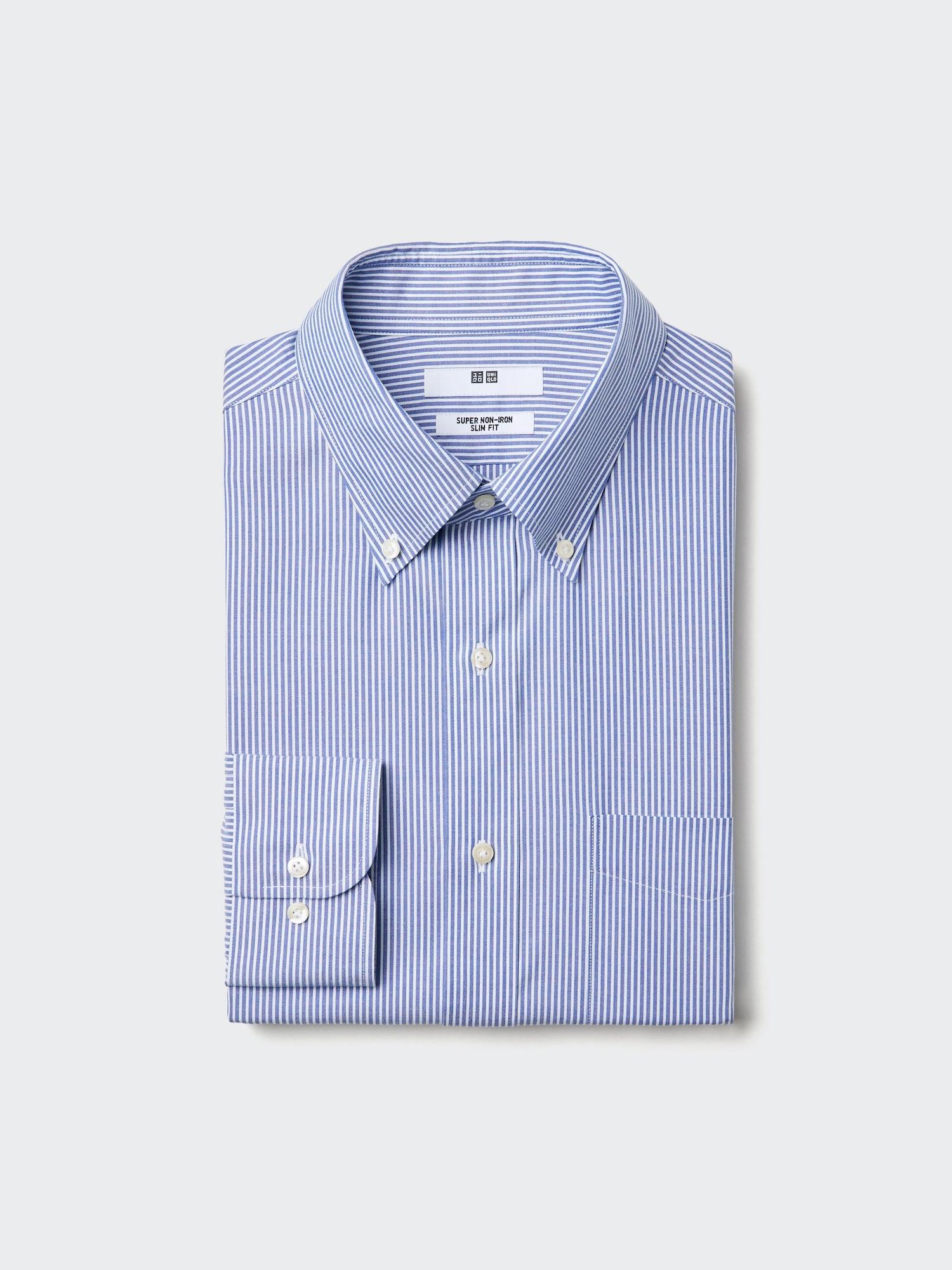 Uniqlo Япония Супер Негладящаяся Приталенная Рубашка На Пуговицах В Полоску 66 BLUE/XS