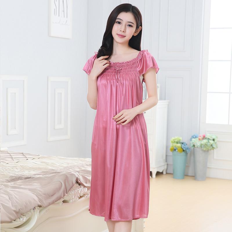 Womens Summer Lace Ice Silk Long Nightdress Short Sleeve Loose Plus Size Nightgown Solid Color Sleepshirt Home Clothing